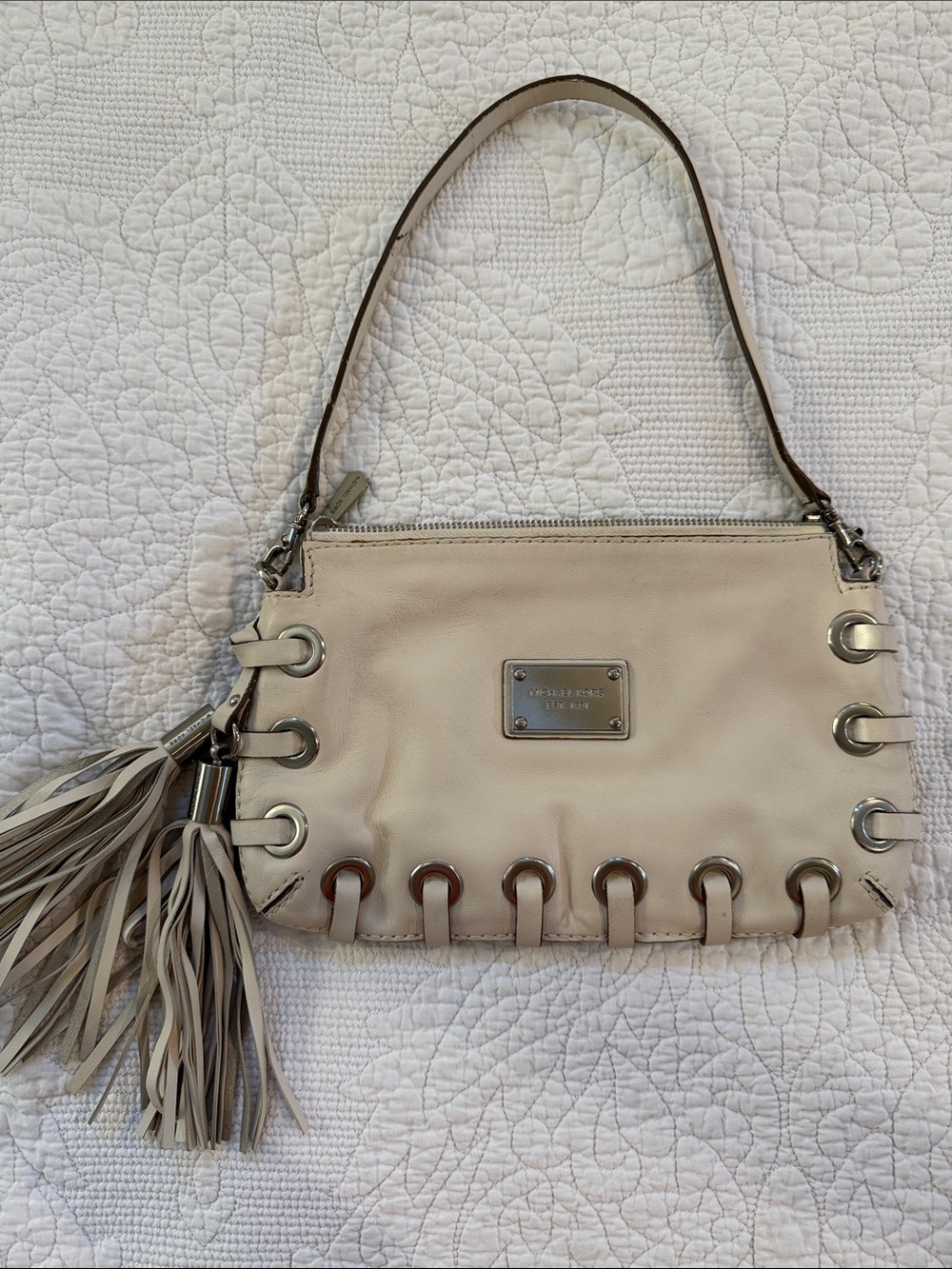 Michael Kors Cream Leather Shoulder Bag with Grommet and Tassel Detail
